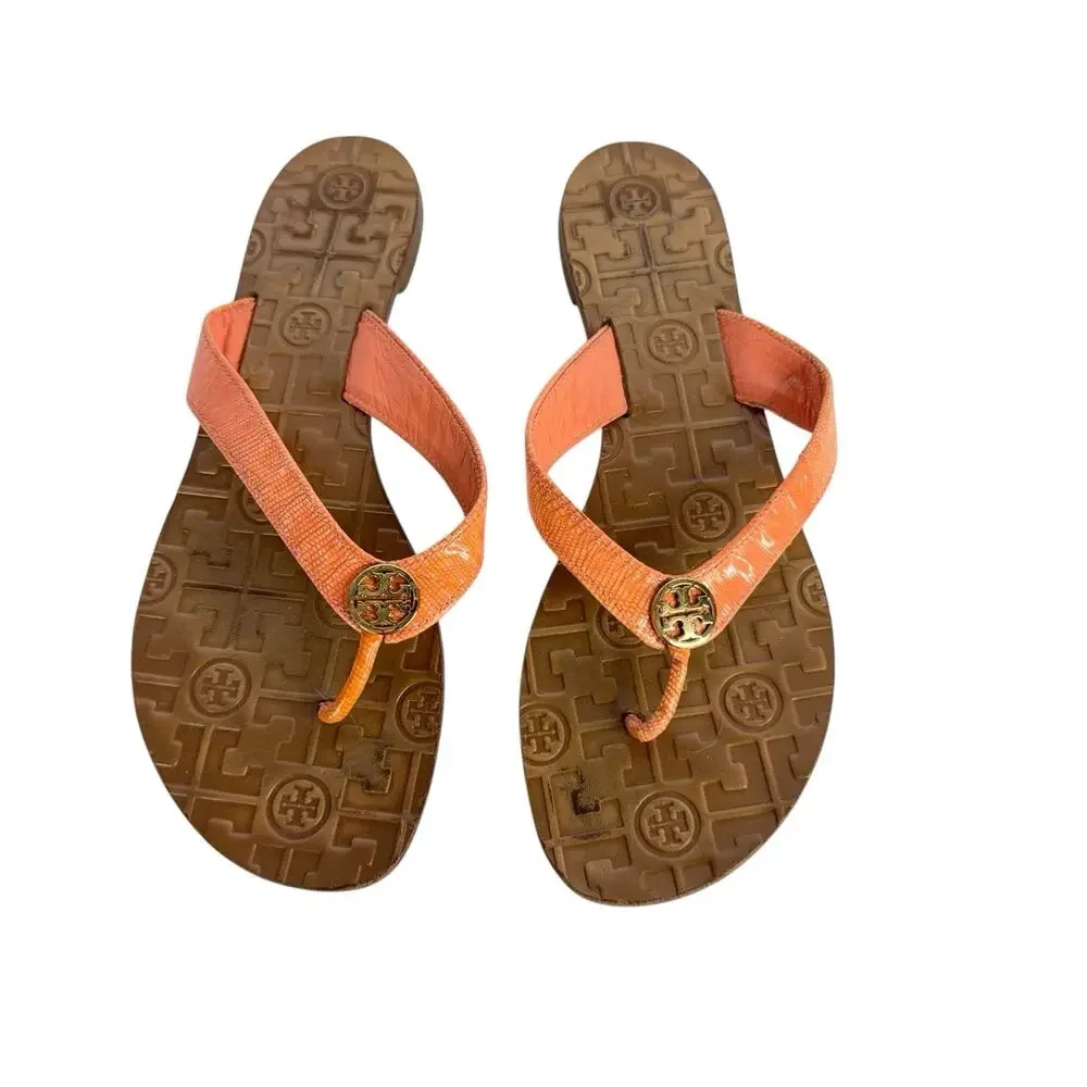 Tory Burch Thora Logo Orange Leather Thong Flip-Flop Flat Sandal Women's Size 9